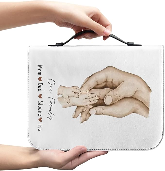 Personalized Bible Cover with Family Hands, Custom Bible Cover Case for Women Girls, Large Capacity Scripture Bag with Handle