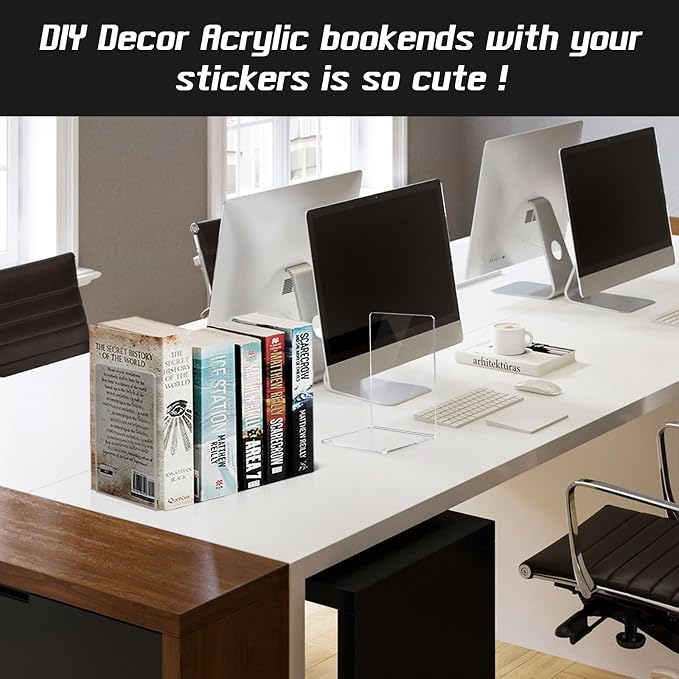 HappyHapi Acrylic Bookends for Shelves, 12 Pcs Clear Book Ends for Heavy Books, Decorative Book Holder for Home Library Office, 5 x 5 x 7.3 inch，6 Pair