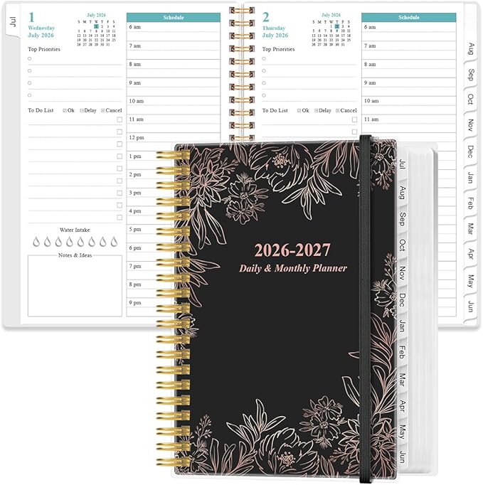 Daily Planner 2026-2027 Full Page Per Day- 2026-2027 Daily & Monthly Planner from July 2026 to June 2027, Day Planner 2026-27 with 12 Months Tabs, 6.4" x 8.5", Black Flowers