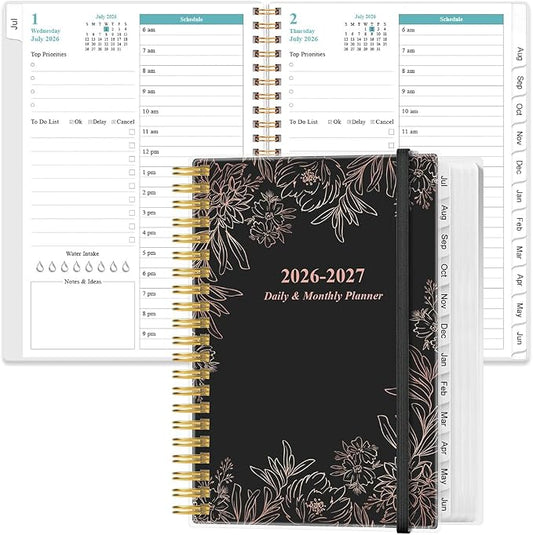 Daily Planner 2026-2027 Full Page Per Day- 2026-2027 Daily & Monthly Planner from July 2026 to June 2027, Day Planner 2026-27 with 12 Months Tabs, 6.4" x 8.5", Black Flowers