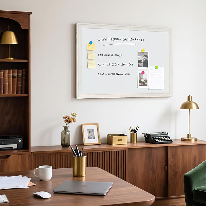 Large White Board for Wall, 36''x24'' Magnetic Dry Erase Board, Decorative Whiteboard with White Vintage Wooden Frame, Hanging Writing Board for Home Office School Dorm