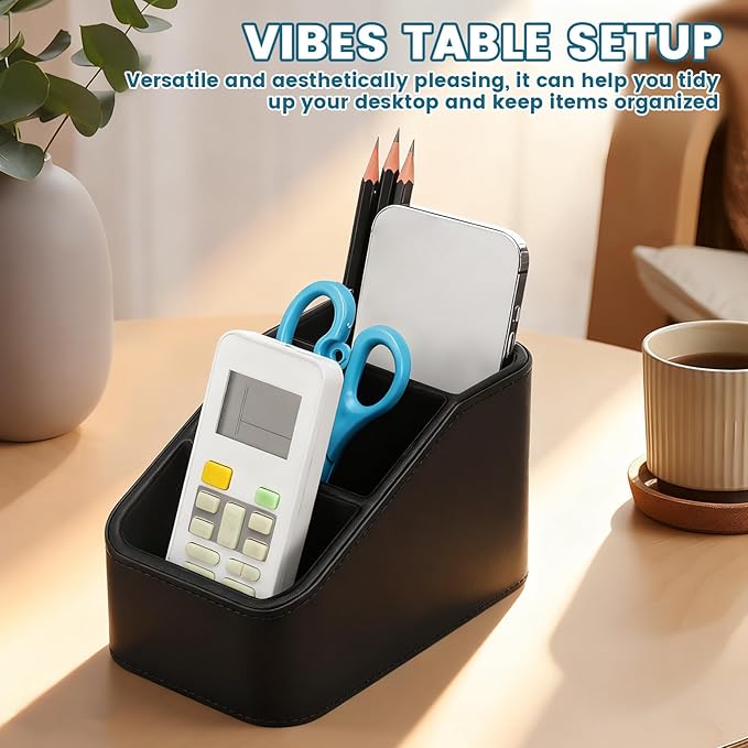 PU Remote Control Holder, Remote Caddy Box with 3 Compartments for Nightstand Bedside Table Couch Desk, Small Storage Organizer for Glasses,Pens,Cosmetics,Office Supply