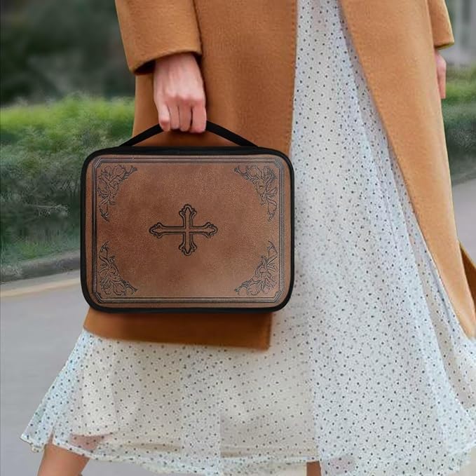 Cross Design Bible Cover for Women Men with Handle Portable Book Carrying Cases Church Bag