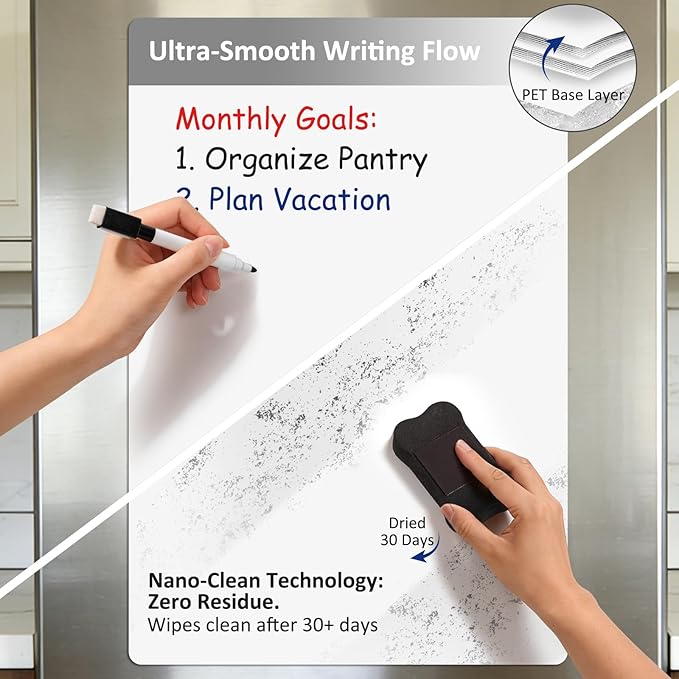 Magnetic Whiteboard for Fridge 12" x 8": Small Dry Erase Board Sheet for Kitchen Refrigerator as Weekly Menu Planner with Strong Magnet Backing - Flat Ships