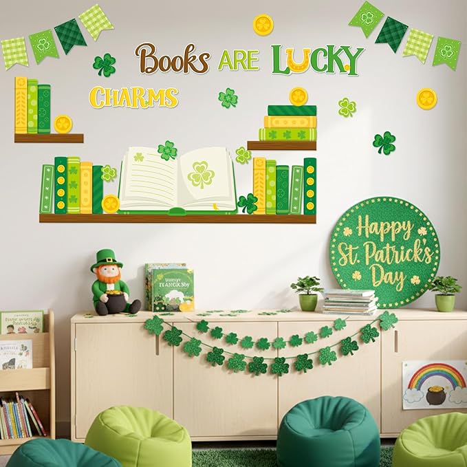 TICIAGA St.Patrick’s Day Book Learning Bulletin Board - 66Pcs Book are Lucky Charms Shamrock Bookshelf Cutout Border with Book Flag Banner for Irish School Library Classroom Chalkboard Wall Decoration
