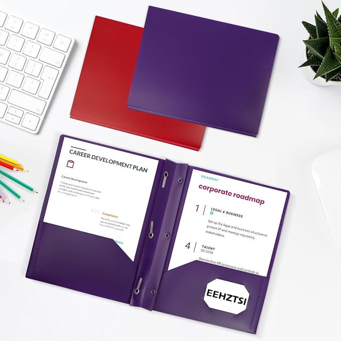 60-Pack Plastic Folders with Pockets and Prongs, 2-Pocket Poly Folders with 3 Fasteners Holds 8-1/2" x 11" Paper for School/Office/Home, Purple