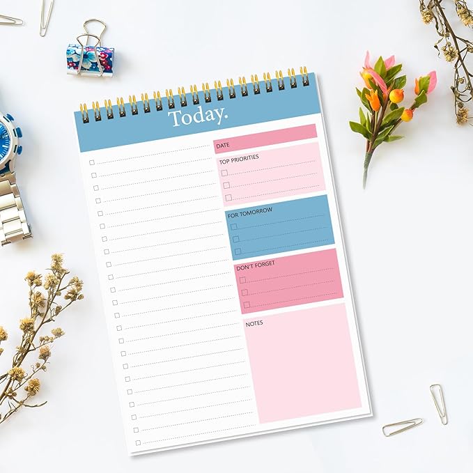 KMQOY To Do List Notepad - Daily Planner Pad Undated 52 Sheets Spiral Today Planner Note Pad Premium Thick Paper 6.5" x 9.8" For Work and Personal Organized - Pink & Blue