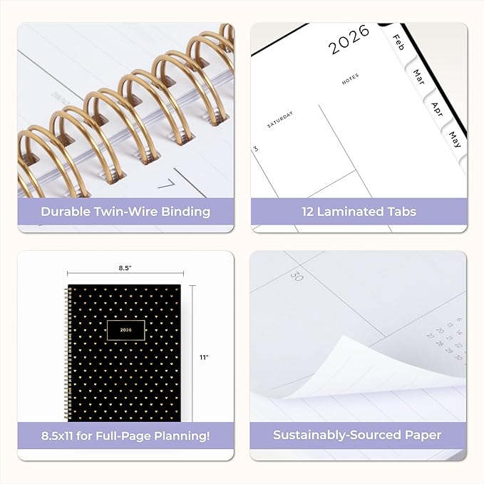 Blue Sky Ashley G 2026 Weekly and Monthly Planner Calendar, January 2026 - December 2026, 8.5" x 11", Flexible Cover, Durable Twin Wire Binding, Laminated Tabs, Pocket & Stickers, Sweetheart Black
