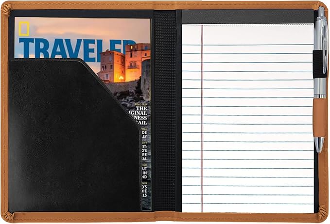 Classic Padfolio/Junior Portfolio Folder Case, Business A5 Binder Organizer Notepad for Men Women, 5 x 8 Writing Pad Included, Brown.