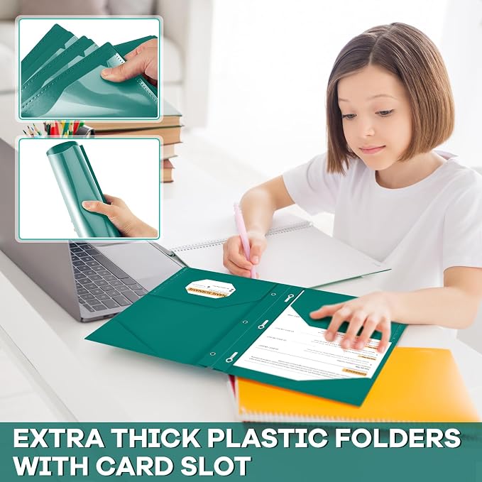 Henoyso 36 Pcs Plastic Folder with Clear Front Pocket and 3 Prong Plastic Folders with Card Slot Pocket Folders with Prongs for School Office (Forest Green)