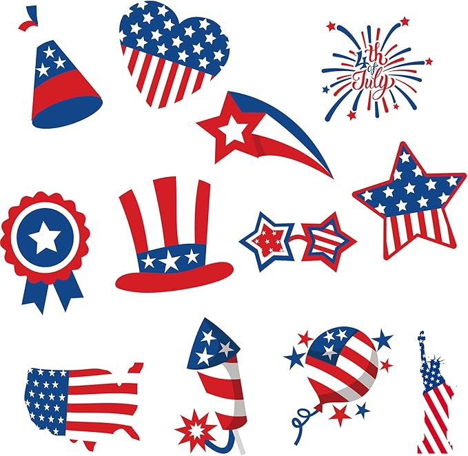 Whaline 48Pcs 4th of July Cut-Outs Patriotic American Flag Cut Outs with 100pcs Glue Points Cartoon Stars Stripes Heart Firework Paper Cut-Outs for Independence Day Classroom Bulletin Board Decor