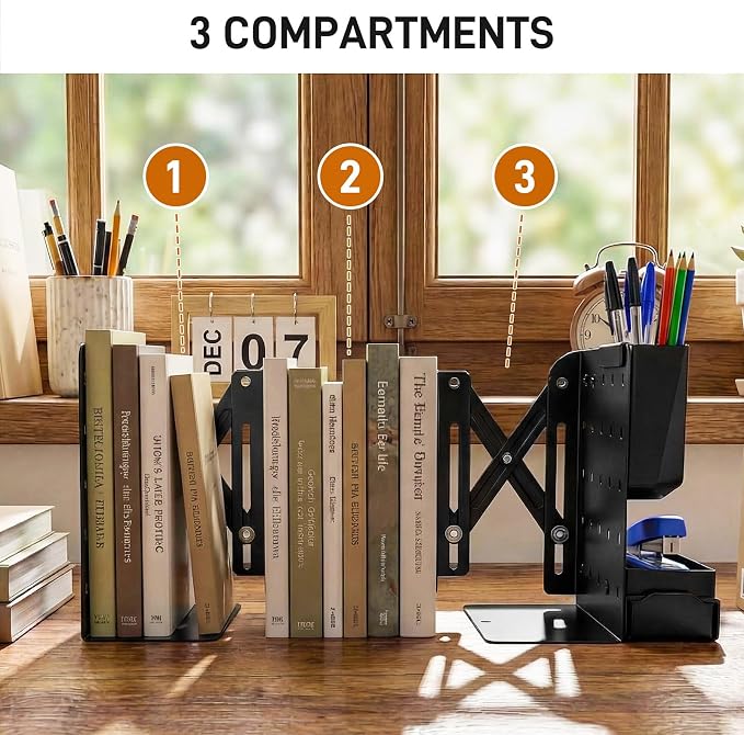 2 PCS Adjustable Bookends,19" Metal Book Ends for Heavy Books with Removable Pen Holder, Tray, and 4 Hook-up, Book Shelf Holder for Office, School, Bookstore, cookbooks