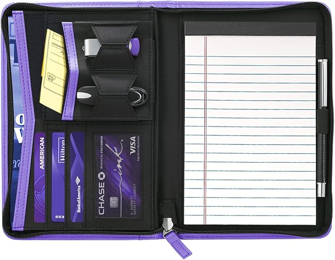 Small Portfolio Organizer, A5 Zippered Business Portfolio, Junior Padfolio Folder Binder for Women & Men, 5 x 8 Writing Pad Included, Purple