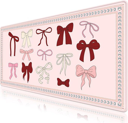 Desk Pad for Keyboard and Mouse, Large Mouse Pad for Desk, Non-Slip Keyboard Mat, Computer Mats for Desk, Desk Pad with Stitched Edges for Office, Gaming Girl Women I Cute Pink Red Bow