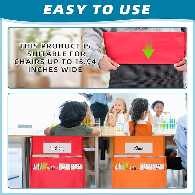 12 Pcs Classroom Chair Pockets, 15.9 x14.8 inch Chair Pockets for Classroom, 6 Bright Color Seat Sacks for Classroom Chairs, Buddy Pocket, Chart Seat Back Organizer with Name Tag