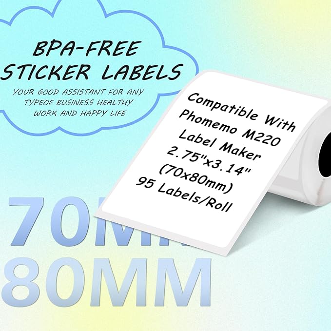 M220 Thermal Labels Compatible with Phomemo M221/M220/M120/M200/M250 Label Printer,2.75"x3.14"(70x80mm), 95 Labels/Roll, Black on White