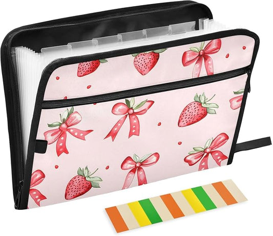 Expanding File Folder Strawberries Bows Pink Accordion File Organizer 13 Pockets Document Organizer with Zipper Labels A4 Letter Office Storage