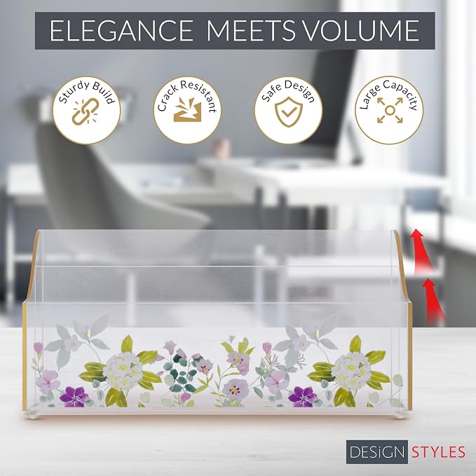 Papyrus Acrylic Mail Organizer – Gold Edge Clear Desk Organizer with Double Sided Floral Prints – Small Letter Holder for Mail, Bills, Cards, and More – Desktop Stationary Organizer – Office Supplies