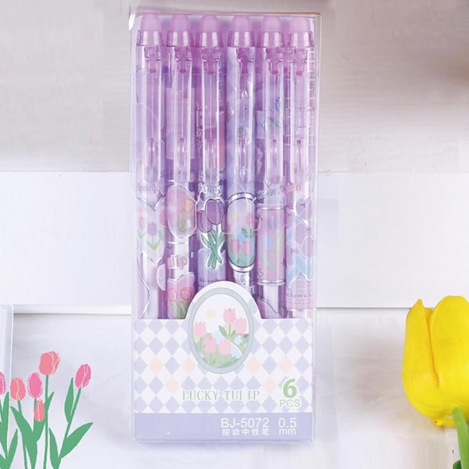 MOZXIRZ 6 Pcs Erasable Gel Ink Pens Retractable Pens Cute Flower Pen 0.5mm Fine Point Pen Office School Supplies Women Girls (Blue Ink-Tulip)