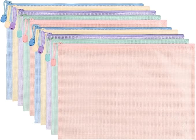 Lifup 10 Pack Mesh Zipper Pouch Bags, A4 Waterproof Zipper Bags for Organizing Storage File Folders for Teacher School Classroom Office Supplies 5 Colors Multicolored