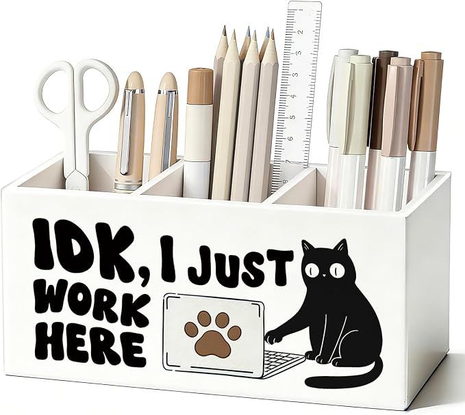 Funny Black Cat Pen Pencil Holder for Desk, Black Cat Gifts, Office Humor Gifts for Coworkers, IDK I Just Work Here Wooden Box Sign Decorations for Home Office Workplace Desk Tabletop