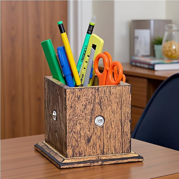 Wooden Antique Large Pencil Holder/Pencil Case - Elegant Office Desk Accessories - Stylish Multi Desk Organizer for Home, Office, Kitchen or Classroom with Ample Storage