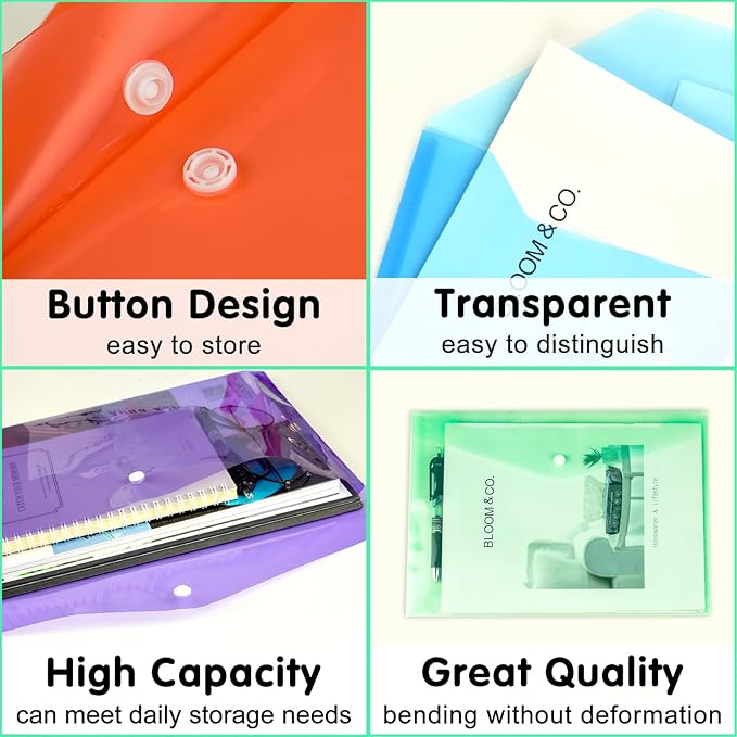 NACHLYNN 48pcs Plastic Envelopes Poly Envelopes with Snap Closure A4 Size Clear Document File Folders Organizers Assorted Color Envelope for School Office Supplies