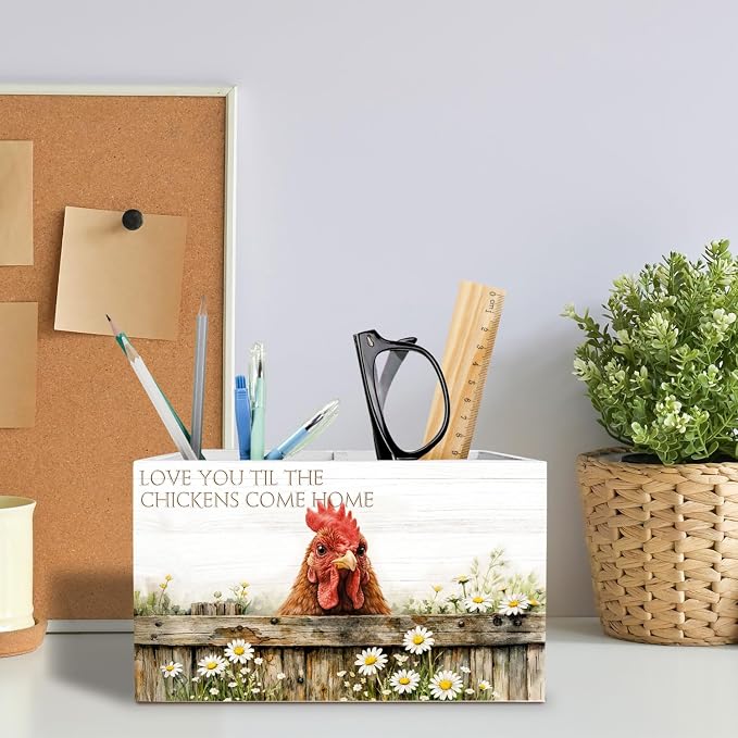 Farmhouse Daisy Floral Chicken Pen Holder for Desk, Chicken Lover Gifts Pencil Organizer, Rustic Rooster Hen Wooden Box Sign Desk Decor for Kids Girls Room Nursery Decoration