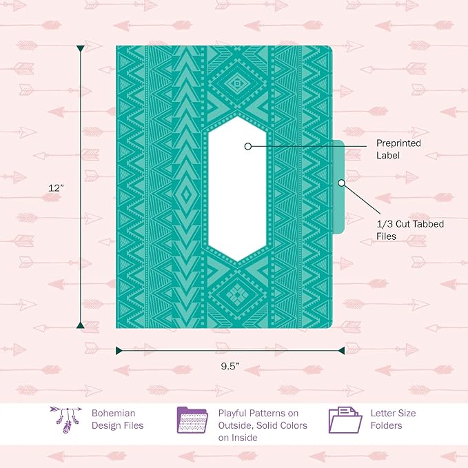 Barker Creek Designer File Folders, Bohemian, Multi-Design, Playful Patterns on Outside, Solid Colors on Inside, Letter Size, 1/3 Cut Tabs, Home, School and Office Supplies (1339), 12pt Cardstock