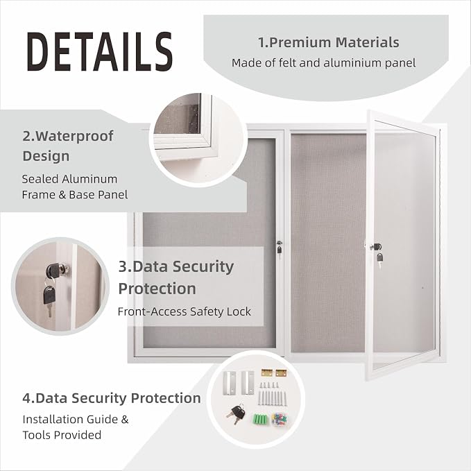 48x36 Inch Lockable Enclosed Bulletin Board, Weather-Resistant Outdoor Noticeboard with 2 Locking Doors, Wall-Mounted Silver Aluminum Frame & Grey Felt Presentation Board