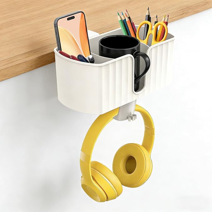 4-in-1 Desk Organizer with Headphone Hanger, Cup Holder, Pen Holder & Desktop Storage, Clamp-on Desk Accessories for Office and Gaming Desk