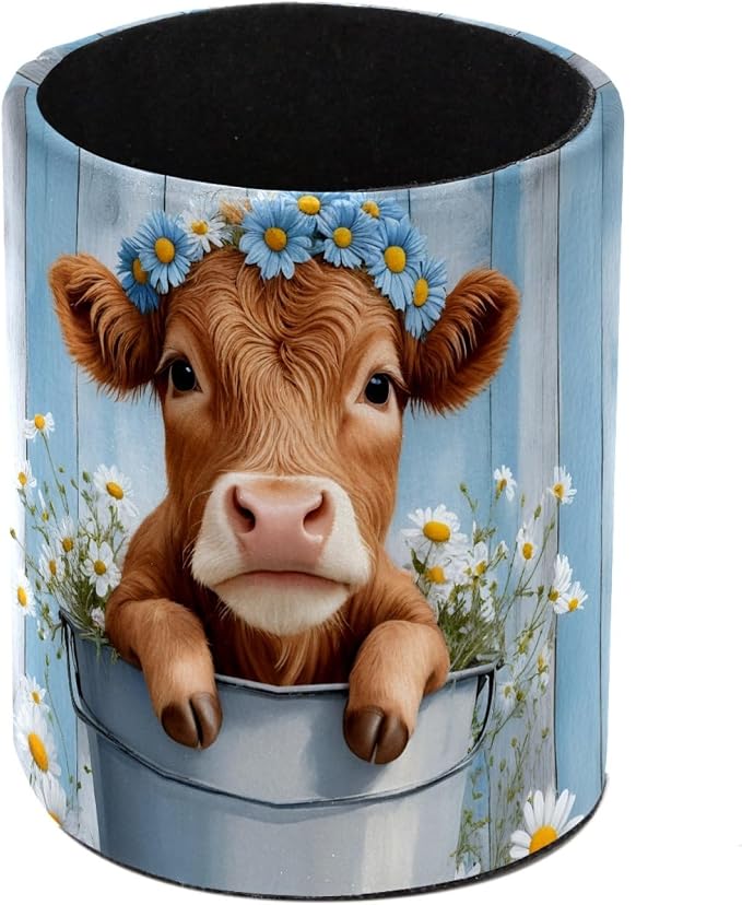 Highland Cow Daisies Farmhouse Pen Holder Pencil Organizer Cute Pencil Cup Desk Decor Makeup Brush Holder PU Multifunctional Office Supplies for Home Classroom School