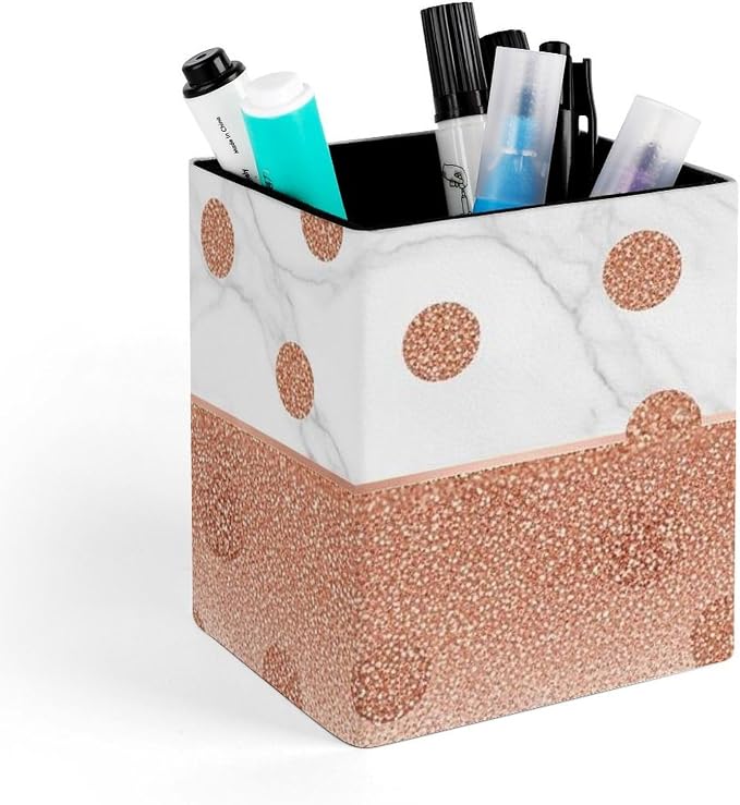Pen Holder Square Leather Pencil, Holder Cup Makeup Brush Storage Organizer, Waterproof Multifunctional Office Supplies Modern Rose Gold Pink Glitter Dots White Marble