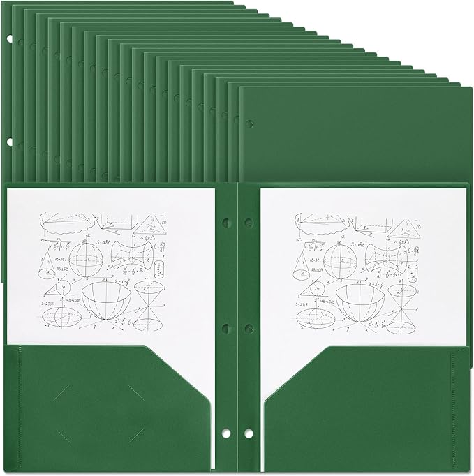 Yeaqee 100 Pcs Plastic Folders with Pockets Bulk 3 Hole Punched 2 Pocket File Folders for 3 Ring Binder Divider Folder for Notebooks, Durable Poly for Office Home (Dark Green)