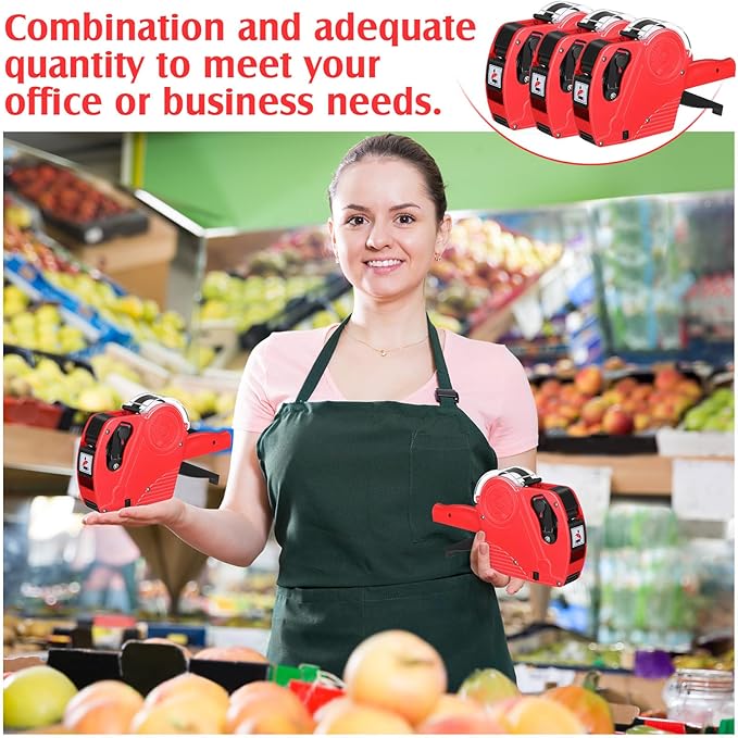 Dunzoom 3 Pack 8 Digits Price Tag Gun Label Pricing Gun Kit with 12000 Labels & 9 Ink Rollers for Retailer Supermarket Grocery Store Food(Red)