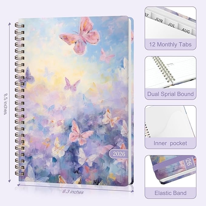 2026 Planner, Weekly and Monthly Academic Planner Calendar (JAN.2026 - DEC.2026), Planning Agenda Book, for Office Desk Accessories and School Supplies, A5(6.3" x 8.5") (Butterfly Waltz)