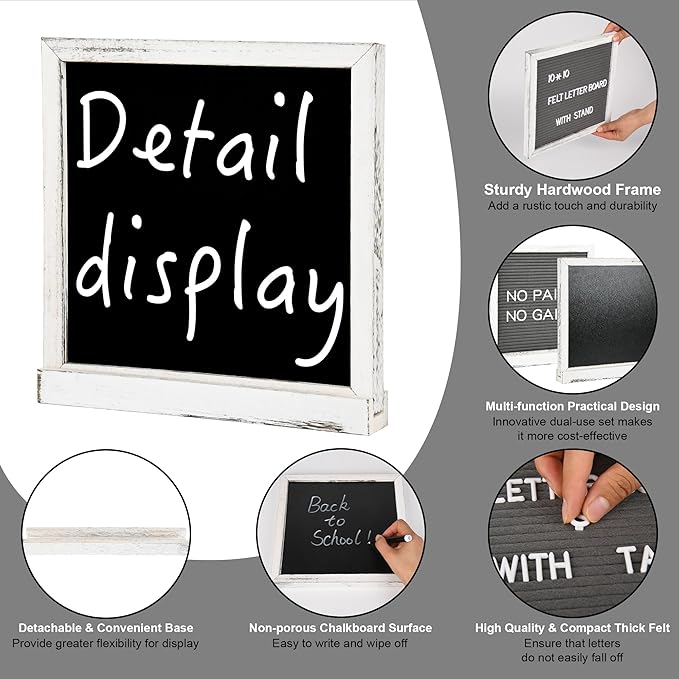 10" x 10" Double Sided Chalkboard Sign with Stand, Small Chalk Board Blackboard Wood Frame Felt Letter Board with 12 Chalk Markers and 340 Letters (White)