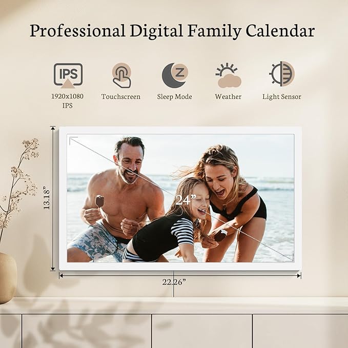 BSIMB 24 Inch Digital Calendar Wall Touch Screen - Chore Chart, Meal Planner, Rewards System, Photo Display, Smart Electronic Calendar Interactive Hearth Display for Family Schedules, Seamless Scheduling White