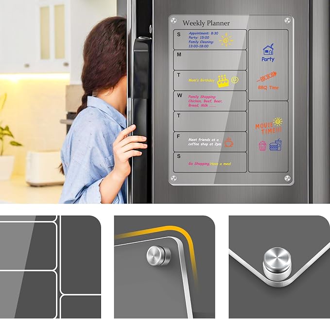 Magnetic Calendar for Fridge, Clear Acrylic Fridge Calendar Dry Erase, Monthly Calendar Magnetic for Refrigerator, Family Calendar Planning Board Include Marker (Black Text, Weekly Planner)