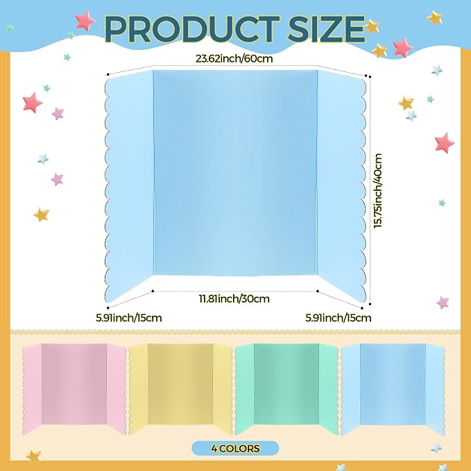 Mooliwe 4 Pack 24" X 16" Trifold Poster Board, Medium Tri Fold Boards Foldable Corrugated Presentation Display Scalloped Borders for Science Fair Events, School Projects, Exhibitions (Macaron)