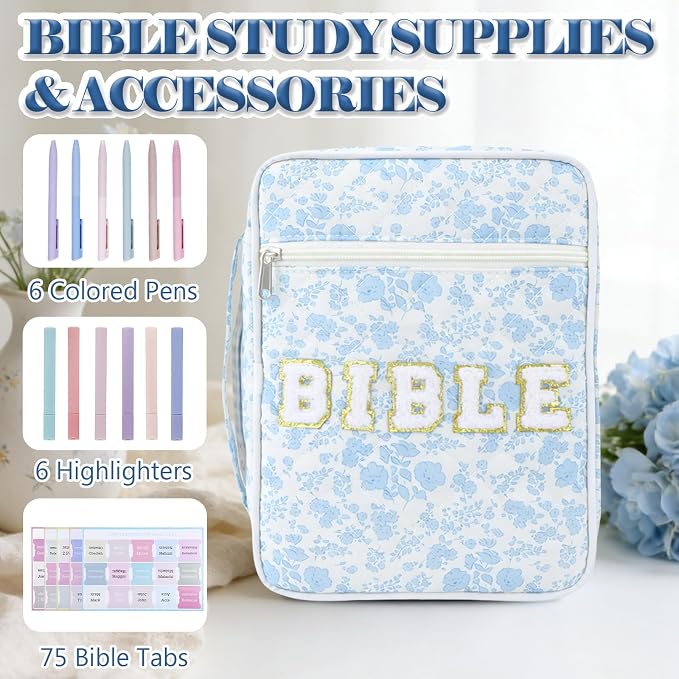 Bible Cover Case for Women, Large Chenille Letter Bible Bag with Handle, Carrying Bag with Tabs 6 Colored Pens 6 Highlighters, Back to School Study Supplies Christian Church Gifts, Blue Flower