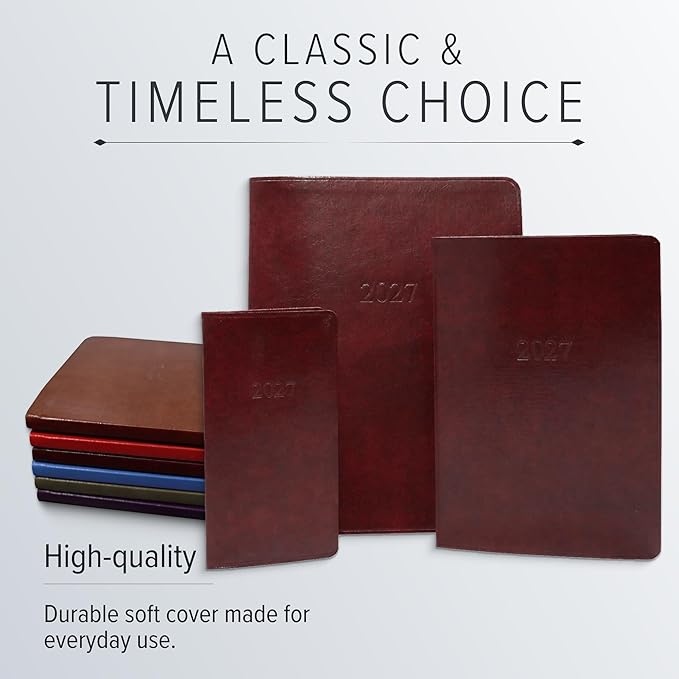 Gallery Leather Pocket Weekly Monthly Planner 2027, Elegantly Bound Calendar Planner and Notebook with Stylish Gold-Gilded Page Edges, 12 Months - Acadia Deep Red - 6x3.25"