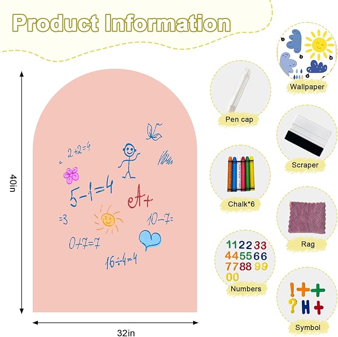 Magnetic Chalkboard Wall Peel and Stick Exclusive Rainbow and Cloud Wallpaper 54" Wx70 H Roll Magnetic Arch Chalkboard for Wall Self Adhesive Wall Sticker for Office School Playroom Bedroom, Pink