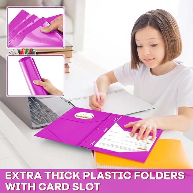 Henoyso 36 Pcs Plastic Folder with Clear Front Pocket and 3 Prong Plastic Folders with Card Slot Pocket Folders with Prongs for School Office (Neon Purple)