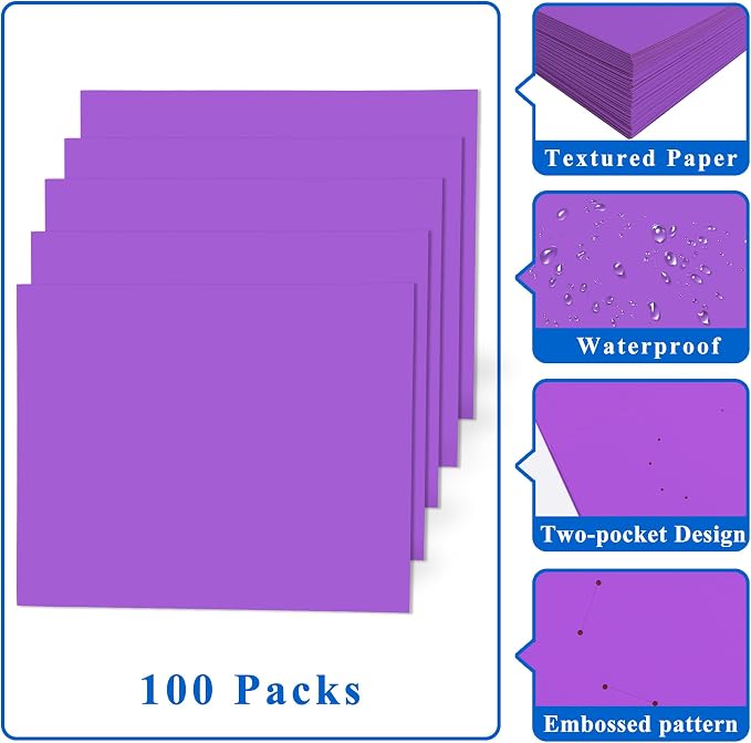 Zzrywuty 100 Packs Paper Purple Folders with Pockets for Students,Businessmen and Office Workers,Letter Size,Two Pocket Folders with Card Slot for Office,Business,School Supplies