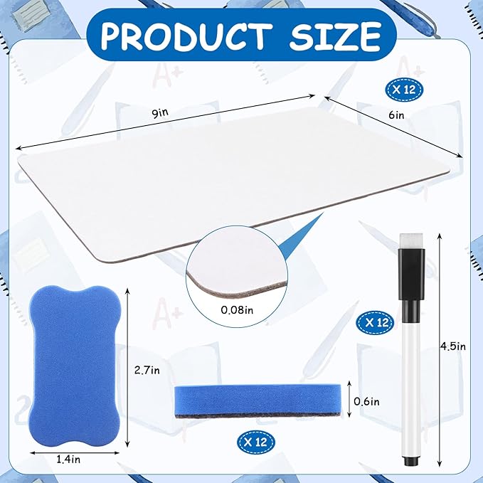 18 Pack Double Sided Dry Erase Boards 6 x 9 inch Double Sided White Boards with 18 Black Markers 6 Erasers Small White Dry Erase Boards for Students Teacher Classroom Supplies (Blank Whiteboard)