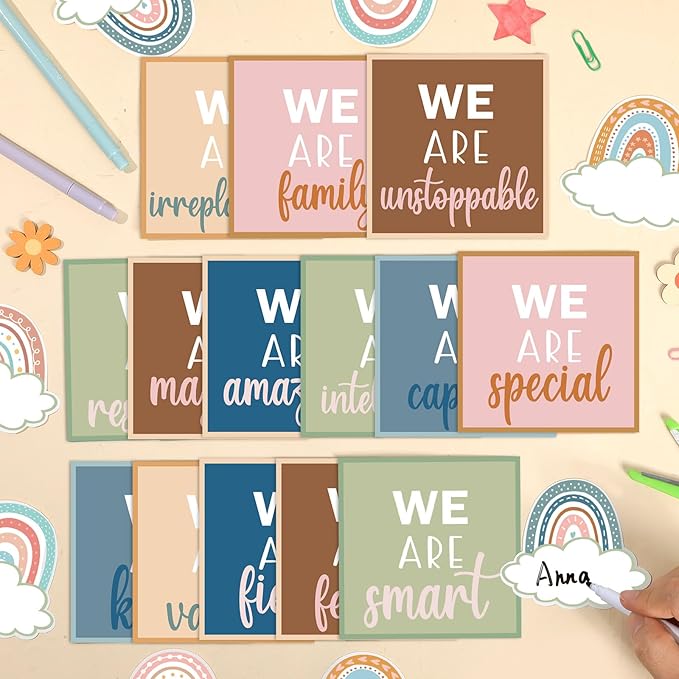 QOUBAI Boho Affirmation Station Bulletin Board Set Motivational Together We are Better Bulletin Board Inspirational Positive Sayings Cutouts Classroom Decor for Back to School Decor Wall Door