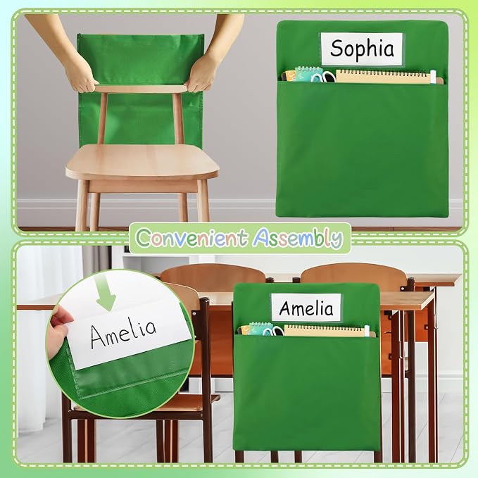 gisgfim 12 Pcs Chair Pockets for Classroom 17 x 20 Inch s with Name Tag for Classroom Chairback Pouch Bag Organizer for Student Elementary School Daycare Supply (Greenery)