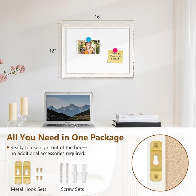 DOLLAR BOSS Magnetic Whiteboard, 16"x12" Dry Erase Board for Wall with White Distressed Frame, Hand-Finished Vintage Decorative White Board for Office, Home & Classroom with Markers, Magnets, Eraser