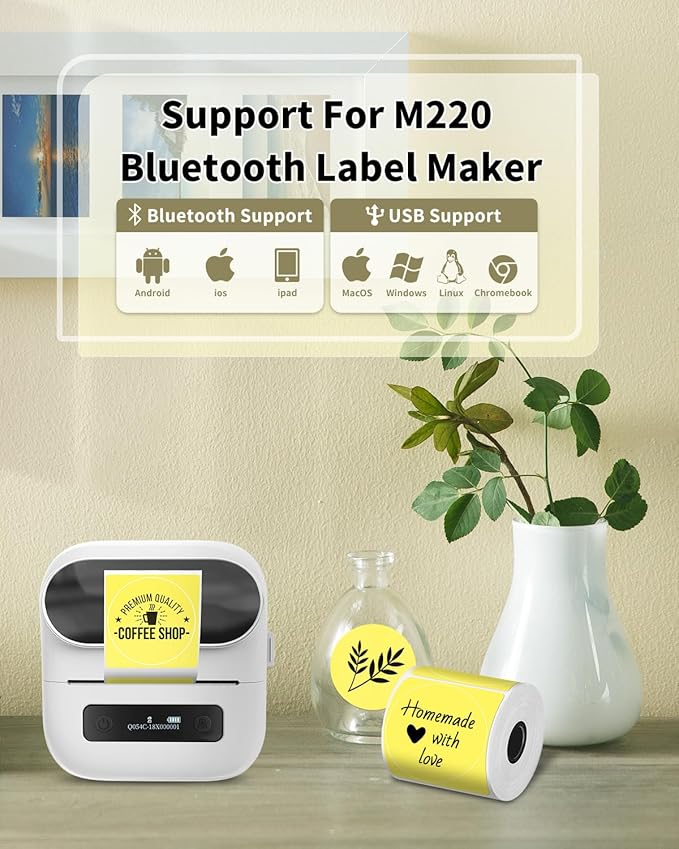 Phomemo Thermal Sticker Label for M110/M100/M220/M250/M108 Label Printer, 1.96" x 1.96"(50x50 mm), Black on Yellow, 140 Labels/Roll, for Barcode/Address/Mailing/Logo/Business/Home Tag